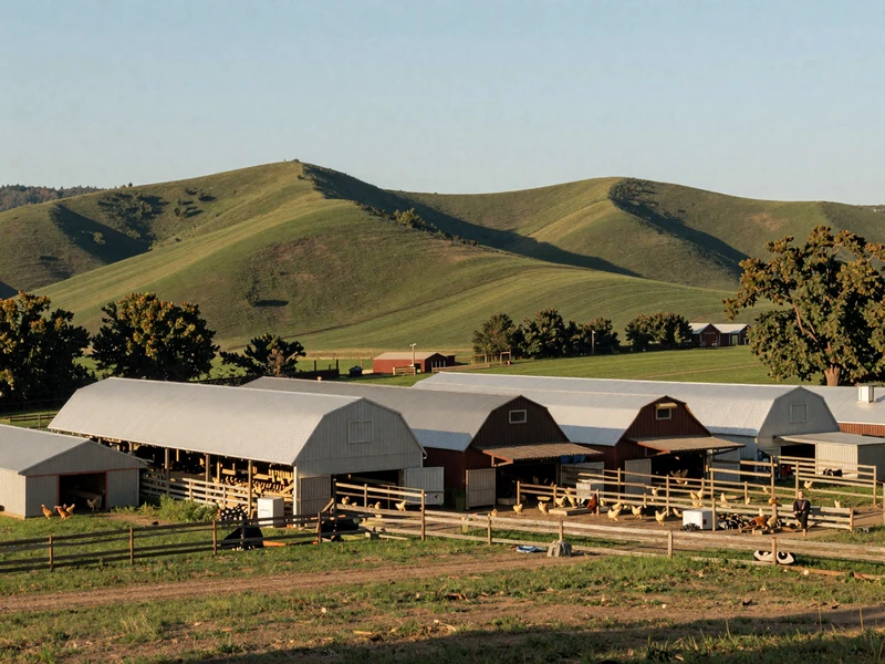 Poultry barns on a North Carolina Piedmont farm with rolling green hills and blue sky