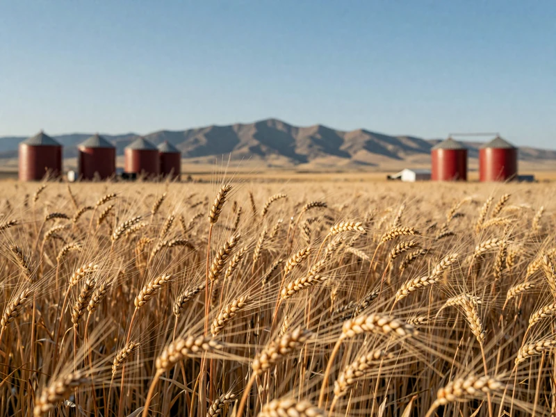 Golden barley field in Montana with grain heads swaying in wind and distant mountain range