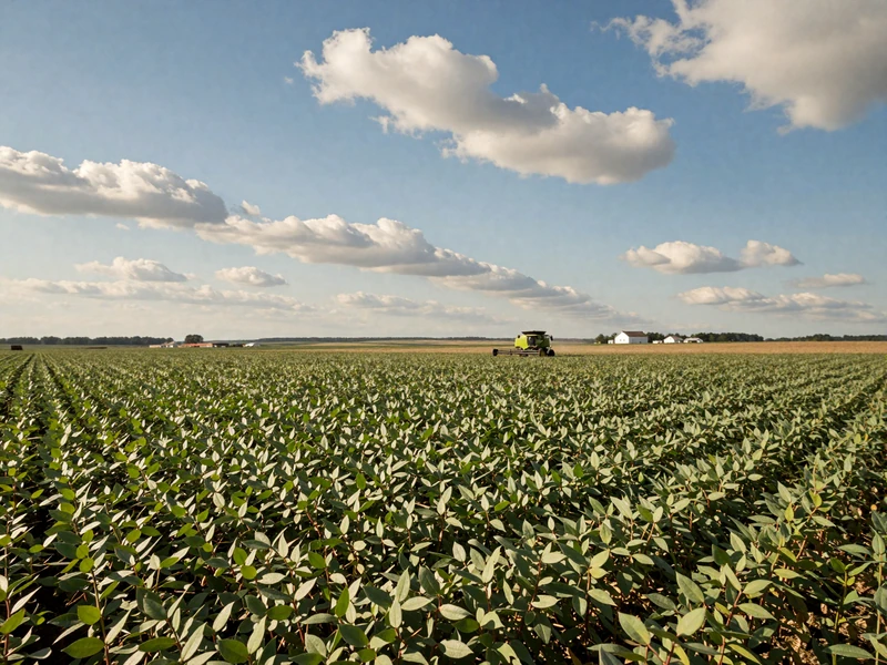 Green soybean field stretching across the Illinois prairie with farm buildings on the horizon