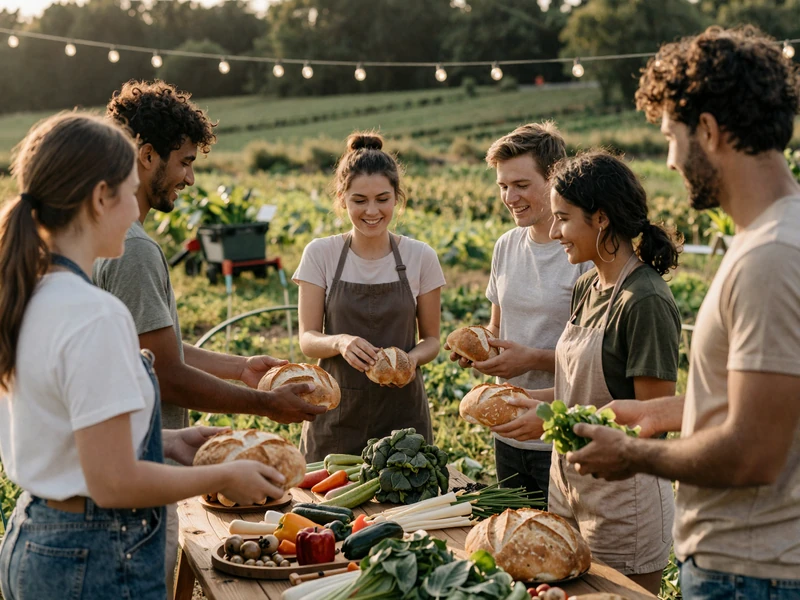 Young Jewish farmers gathered at a community harvest event sharing fresh produce and bread outdoors