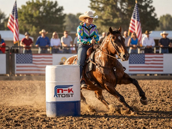 Cowgirl barrel racing on horseback at a rodeo arena with crowd and American flags in background