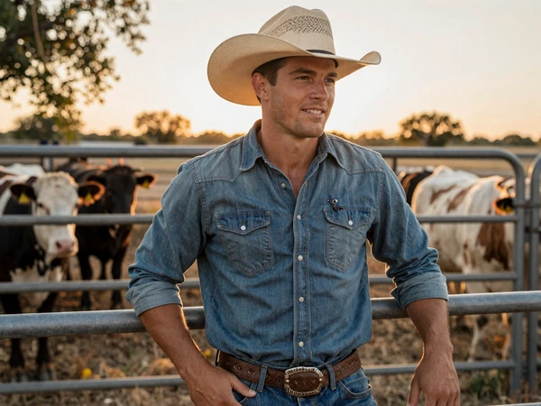 Clay, a cattle rancher from San Angelo Texas, standing by a corral at golden hour