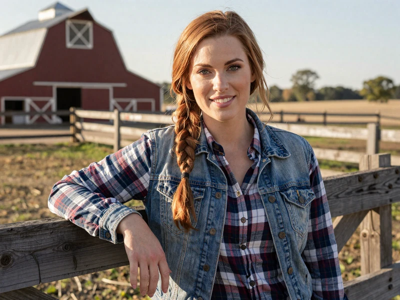 Sarah, a hog farmer from Peoria Illinois, leaning on a wooden fence with farm buildings in background