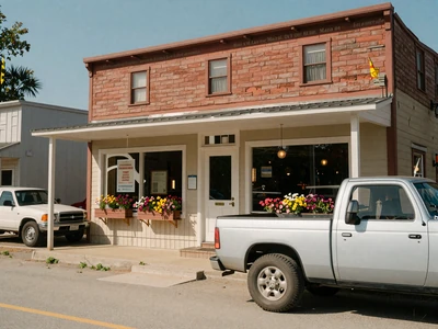 Small town diner on a sunny day - safe first date location for farm dating