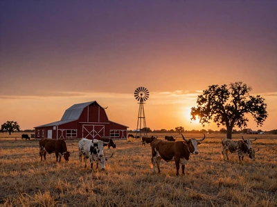 Texas ranch at sunset with longhorn cattle - Texas farmers dating