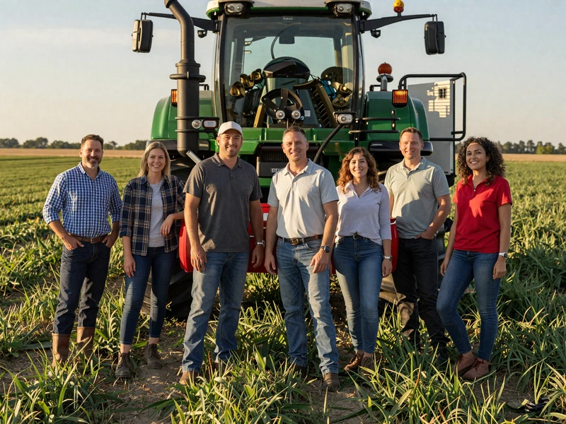 Diverse group of agricultural professionals standing together by modern farm equipment in a green field