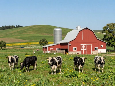 Wisconsin dairy farm with Holstein cows and red barn - Wisconsin farmers dating