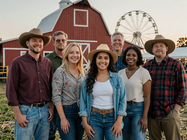 Diverse group of farmers at a county fair - explore all niche dating communities on Farmstead Singles