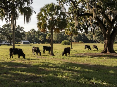 Florida cattle ranch with palm trees and green pastures - Florida farmers dating