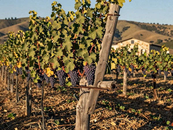 Sonoma County vineyard with ripe grapes and rolling hills in golden California wine country light