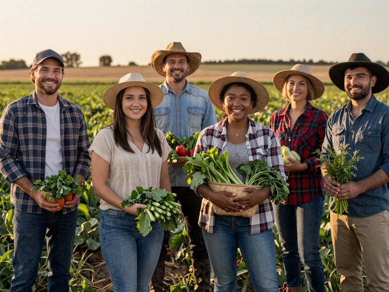 Diverse group of farmers standing together in a green field holding fresh produce at golden hour