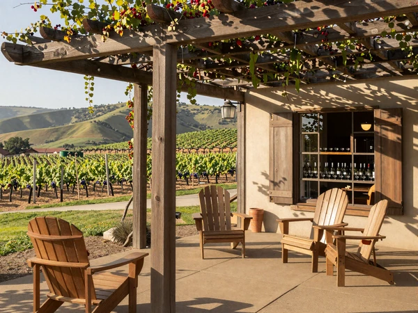 Rustic Sonoma County winery with grapevines and rolling vineyard hills in warm California light