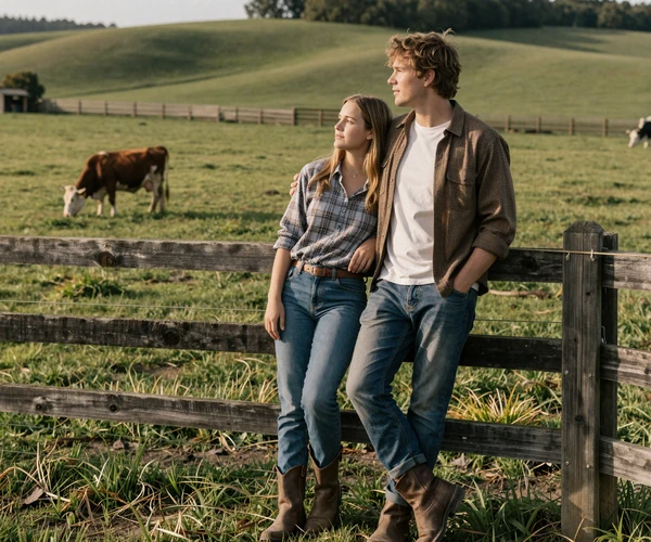 Couple leaning on a farm fence overlooking green pastures with cattle grazing - farm life compatibility