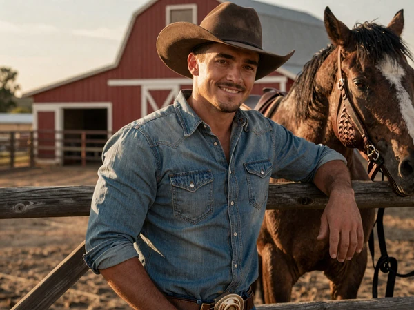 Cowboy leaning against a corral fence on a ranch at golden hour with horse and red barn behind him