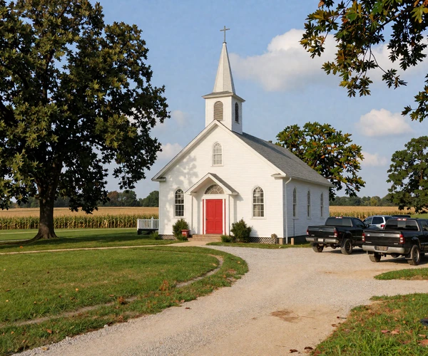 Small-town country church surrounded by farmland in the Midwest - heart of Christian farming communities
