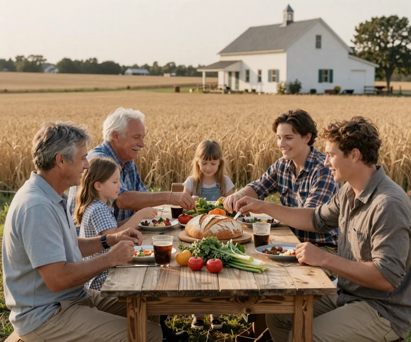 Multi-generational farm family sharing a meal at a Midwest farmstead - European farming values of family and tradition