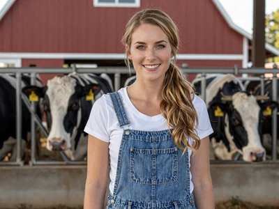 Emily, Indiana dairy farmer from Elkhart County standing near her barn with Holstein cows