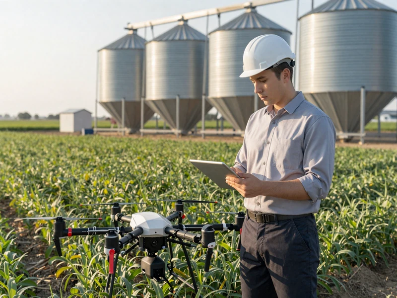 AgTech professional using tablet computer beside precision agriculture drone at edge of crop field