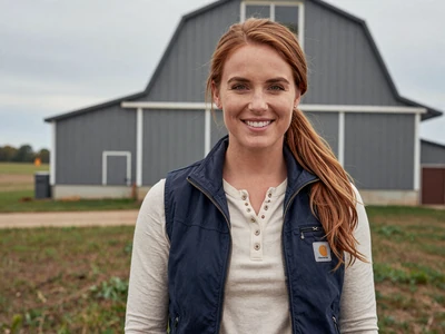 Sarah, a hog farmer from Spencer Iowa, standing outside hog barn in northwest Iowa