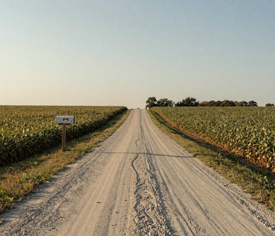 Rural Indiana gravel road between soybean fields showing geographic isolation faced by Indiana farmers dating